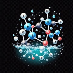 illustration of a water and oxygen molecules. Water molecules consist of two hydrogen atoms and one oxygen atom (H2O). Oxygen molecules consist of two oxygen atoms (O2). with black transperent backgro