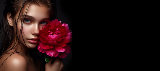 Portrait of a woman with a peony flower.