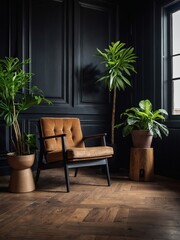 Contemporary Fusion, Black-Walled Room with Wooden Paneling, Enhanced by an Armchair and Potted Plant Against a Wooden Floor