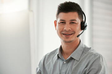 Portrait, customer service and man in office, computer and smile with corporate professional,...