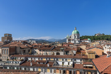 Panorama of Brescia historic center with dome of the Cathedral of Santa Maria Assunta, Torrione INA...