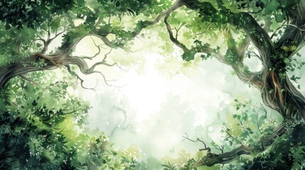 An illustration of a lush green forest with sunlight streaming through the trees.