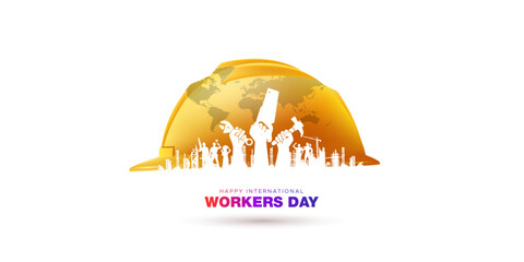 Labour Day or International Labour Day celebration illustration. Worker raised hand with instrument and safety helmet.