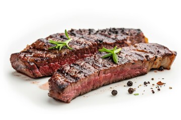 Sliced medium-rare steak seasoned with pepper and garnished with fresh rosemary sprigs on a white plate.
