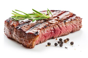 Perfectly grilled medium-rare steak adorned with rosemary and black peppercorns, showcasing juicy pink interior.