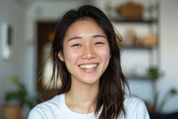 A joyful 20s Japanese girl poses for a headshot at home. The happy young woman looks directly at the camera, showcasing her white teeth in a warm smile while laughing and chatting on a video call. 