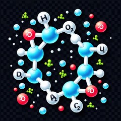 illustration of a water and oxygen molecules. Water molecules consist of two hydrogen atoms and one oxygen atom (H2O). Oxygen molecules consist of two oxygen atoms (O2). with black transperent backgro