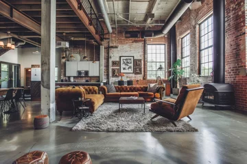 Fototapeten Industrial glam loft featuring exposed brick walls, polished concrete floors, and luxe velvet furnishings. © Hunman
