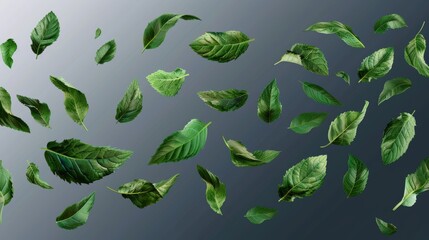 Falling and flying mint leaves isolated on transparent background, modern illustration showing fresh summer or spring foliage of tea or peppermint.