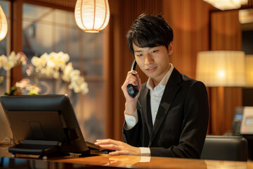 A professional Japanese receptionist attends to a phone call with a polite demeanor while skillfully managing the front desk operations at the hotel.