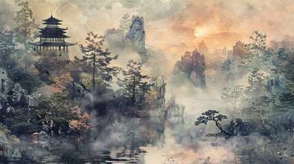 japanese landscape in watercolor with a fairy garden feel and a muted color palette - obrazy, fototapety, plakaty
