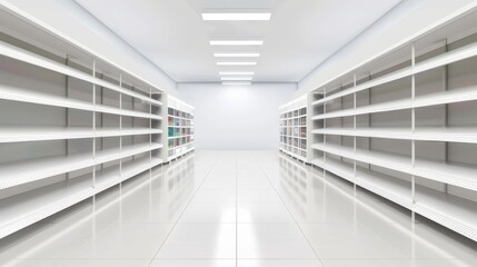 The interior of a realistic supermarket mockup with white shelves. Modern illustration of empty store, market, or warehouse furniture for goods display. Aisle between rows of retail business