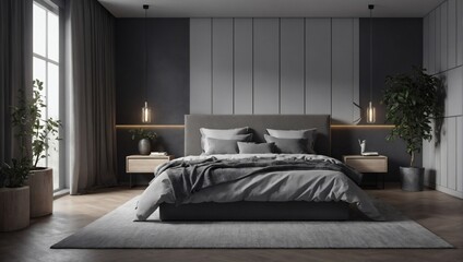 Contemporary gray-toned bedroom interior mockup, presented in a render for realistic visualization.