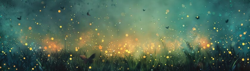 Mystical fireflies dance in a moonlit forest - obrazy, fototapety, plakaty