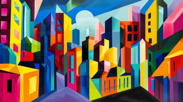 Vibrant geometric cityscape, buildings in bold primary colors, whimsical perspective