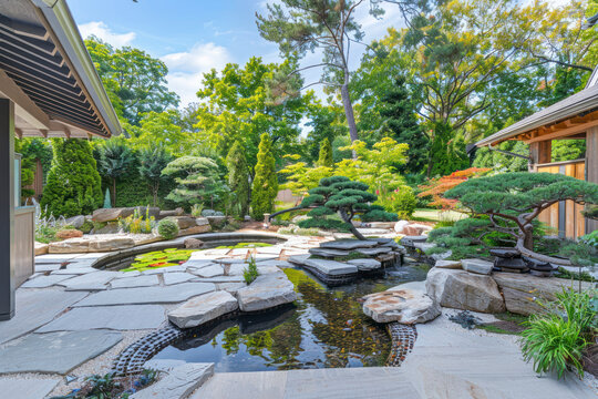 Japanese garden retreat with a tranquil koi pond, stone pathways, and lush bonsai trees.