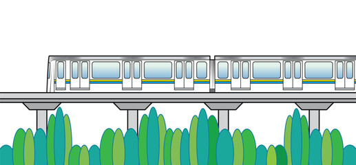 Overhead railway train or skytrain drawing in colorful cartoon vector