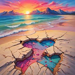 Heart Beach Sunset: A serene scene with a heart drawn in the sand at sunset, against a backdrop of ocean, sky, and beach