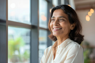 A smiling Indian female CEO looks out of the window in her office, radiating confidence and resilience as she embraces the challenges of leadership