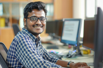 A smiling Indian male customer service representative works on his computer in the office, showcasing professionalism and commitment to service as he efficiently addresses customer