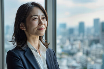 A smiling Japanese female CEO observes the view from her office window, projecting a sense of authority and contemplation as she strategizes for the future, with a backdrop of calm and serenity.