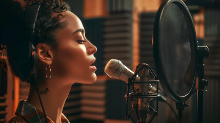 Woman in soundproof room prepares material for voice recording focusing on professional vocal delivery for dubbing or voiceover work. Concept Voiceover Preparation, Soundproof Studio