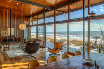 Mid-century modern beach house with retro furnishings, teak accents, and expansive windows.