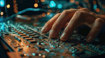 Closeup software engineer hands working on laptop with circuit board element. AI generated image