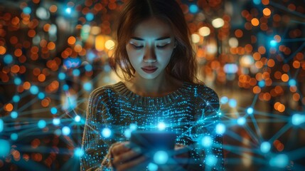 Concept of digital transformation, high-speed internet app, and global internet network connection, abstract background. A woman uses a mobile phone to transfer digital data using the high-speed