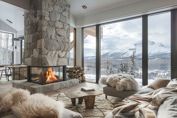 Nordic winter retreat featuring cozy fur throws, a roaring fireplace, and panoramic views of snow-capped mountains. - obrazy, fototapety, plakaty