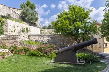 On a bright summer day, an old cannon at Brescia Castle stands among lush greenery and vibrant...