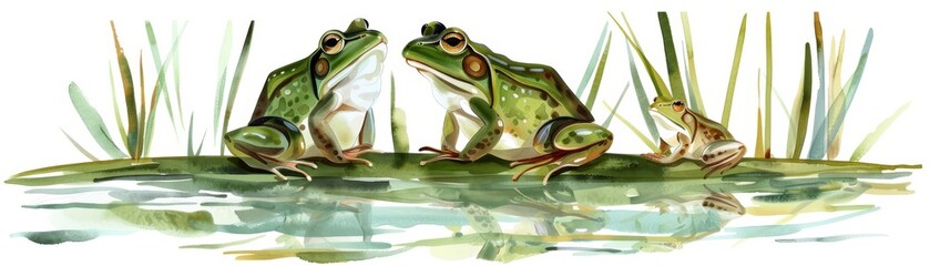 Three frogs on a lily pad, watercolor painting - obrazy, fototapety, plakaty