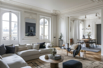 Parisian chic apartment boasting elegant Haussmannian architecture, ornate moldings.