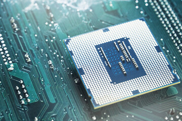 Circuit board. Macro shot of computer motherboard CPU. Motherboard digital chip. Information engineering component. Blue color. Digital lines move data. Advanced technology concept visualization.