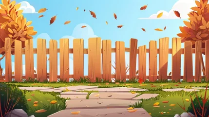 Kissenbezug Modern illustration of an autumn backyard garden with wooden fence. Stone paved ground, bush, flying leaves. A rural backyard patio with walkway and a lawn. © Mark