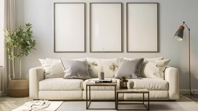 video one photo frame in modern living room with white sofa