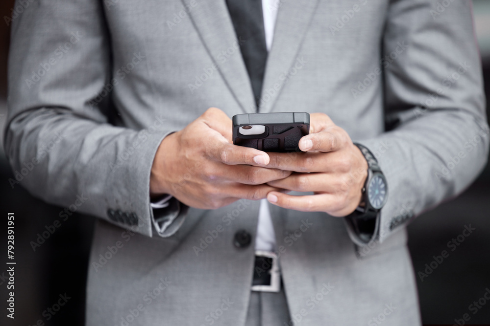 Canvas Prints Business man, phone and hands typing in studio, planning and networking for company deal. Male person, fingers and app for conversation on black background, legal website and lawyer for law firm