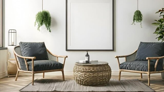 video mockup frame in living room interior with chairs