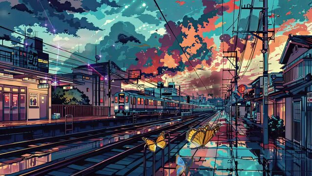 A train station in the evening, sky blue and orange clouds, a train on the platform, in the style of anime illustration, dark white and light red colors, a blue green cityscape; video Anime Background