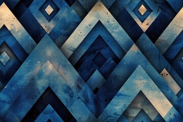 A blue and white abstract design with squares and triangles