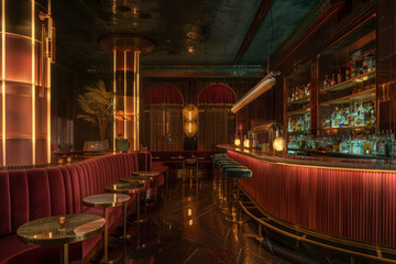 Vintage-inspired cocktail lounge with velvet banquettes, art deco accents, and dimly lit ambiance.