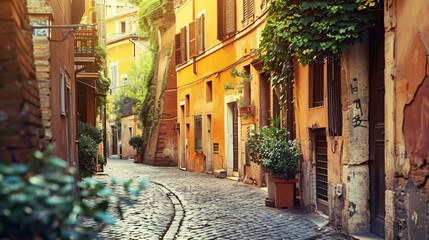 Beautiful street in Trastevere district in Rome Italy. - obrazy, fototapety, plakaty