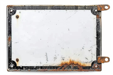 Rusty metal sign with a white background and a brown border. Suitable for adding a vintage touch to designs, vintage-themed projects, or signage for old-fashioned or antique-related concepts.