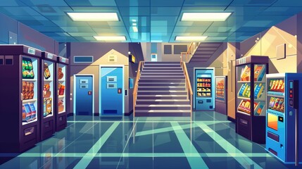 This is a cartoon illustration of a classroom corridor with a metal locker, stairwells, door and note concerning a slippery floor. It is an illustration of a contemporary vending machine on a