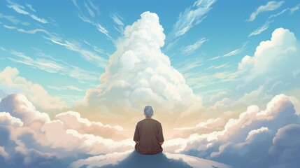 senior man sit high in clouds illustration