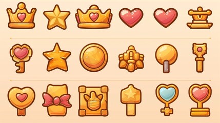 Modern gold element set with star, heart, prize and hourglass illustration kit. Settings and camera props symbol collection for mobile magic RPG apps.