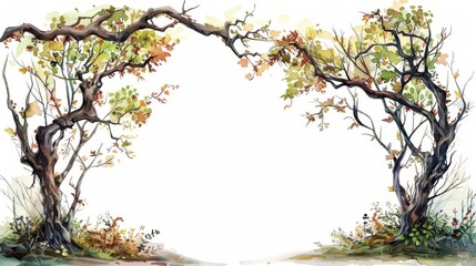 Two watercolor trees with branches forming an arch