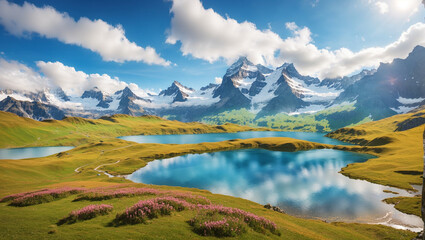 A mountain lake with snow-capped mountains in the distance - obrazy, fototapety, plakaty