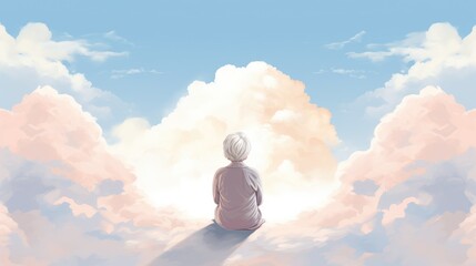 senior woman sit high in clouds illustration