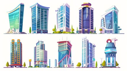 Cityscape cartoon with corporate tower and oil station exterior isolated. Center district house estate graphic symbol for website.